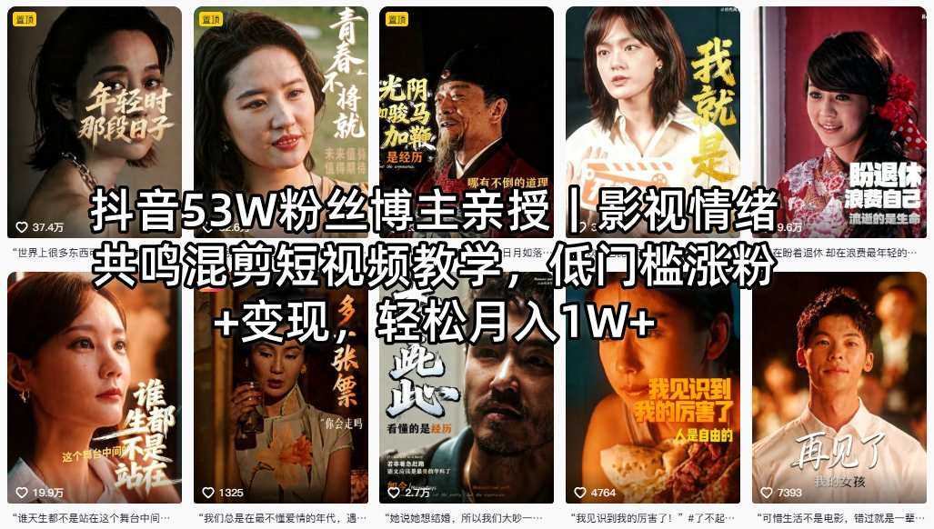 影视情绪共鸣混剪短视频教学 - 53W博主亲授低门槛涨粉 | 一人创业网