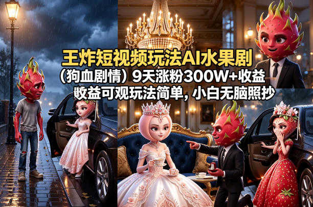王炸短视频玩法AI水果剧（狗血剧情）9天涨粉300W+收益可观玩法简单，小白无脑照抄，详细拆解玩法 | 一人创业网
