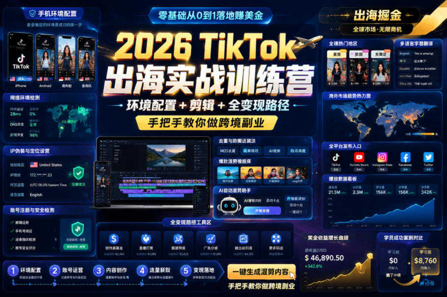 2026 TikTok出海实战训练营 - 环境配置 + 剪辑 + 变现最新指南 | 一人创业网