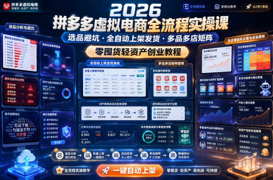 2026拼多多虚拟电商全流程实操课 - 选品避坑・自动运营最新指南 | 一人创业网