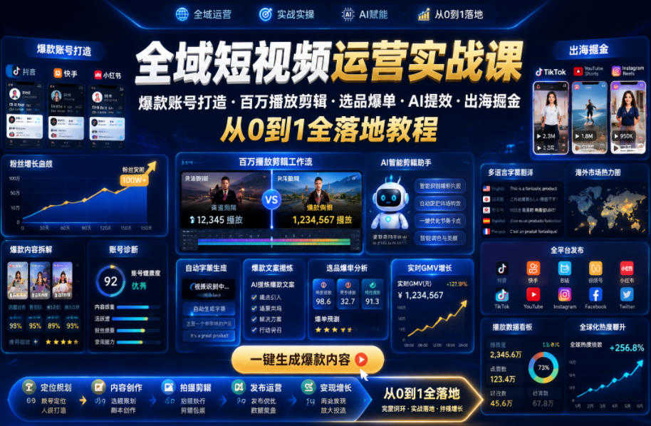 全域短视频运营实战课 - 2026年最新从0到1全落地教程 | 一人创业网