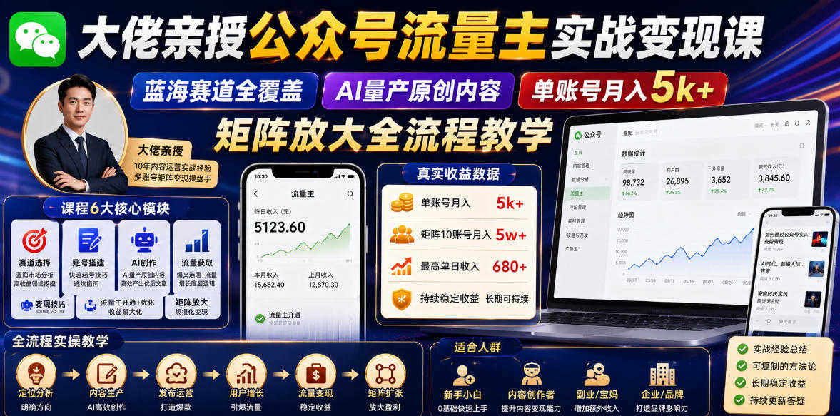 公众号流量主实战变现课 - 2026年最新AI原创+矩阵玩法，单账号月入5k+ | 一人创业网